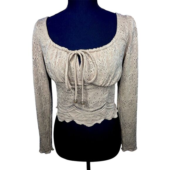 Womens Tan Milkmaid Long Sleeve Crop Top Sz S Cottagecore Peasant Ren Faire Boho - Picture 2 of 9